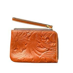 Patricia Nash Tooled Leather Wristlet Wallet Brown Floral Zip Pouch NWOT